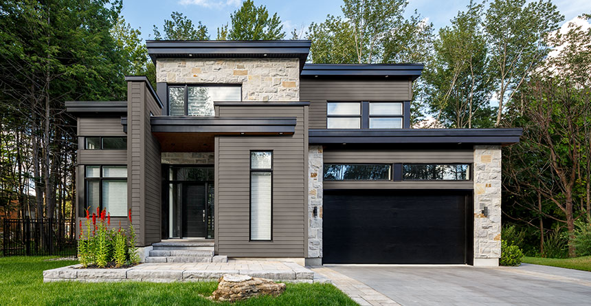 modern house with brown james hardie plank siding